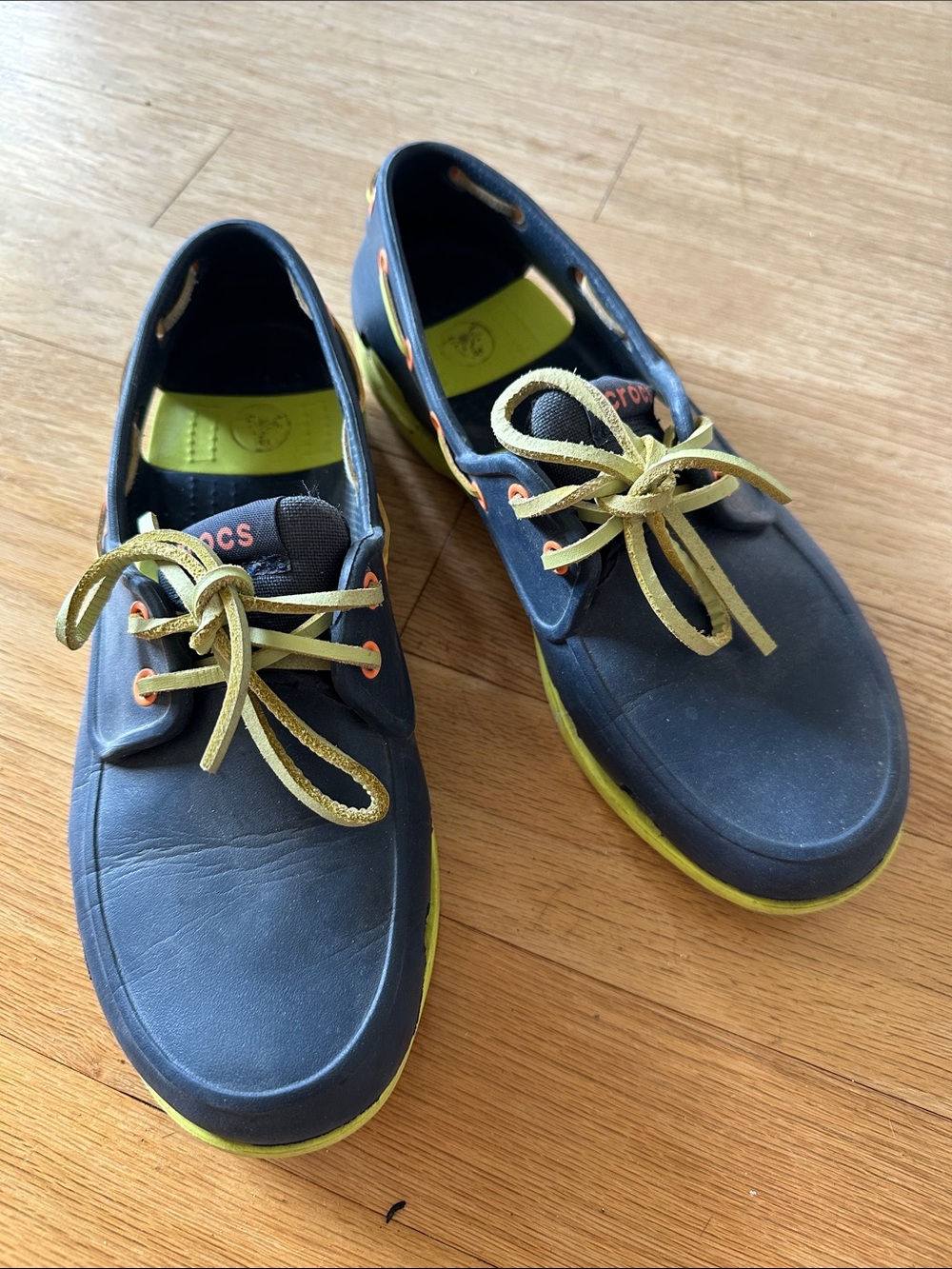 CROCS Men's Navy Boat Shoes with Lime Accents
